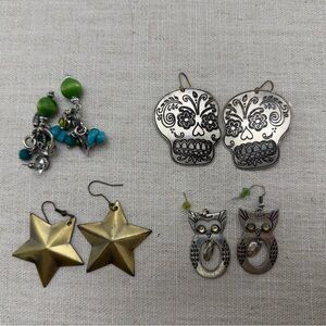 Mixed Earrings Set- Green Beaded, Sugar Skull, Gold Star, Owl.4 pair of earrings